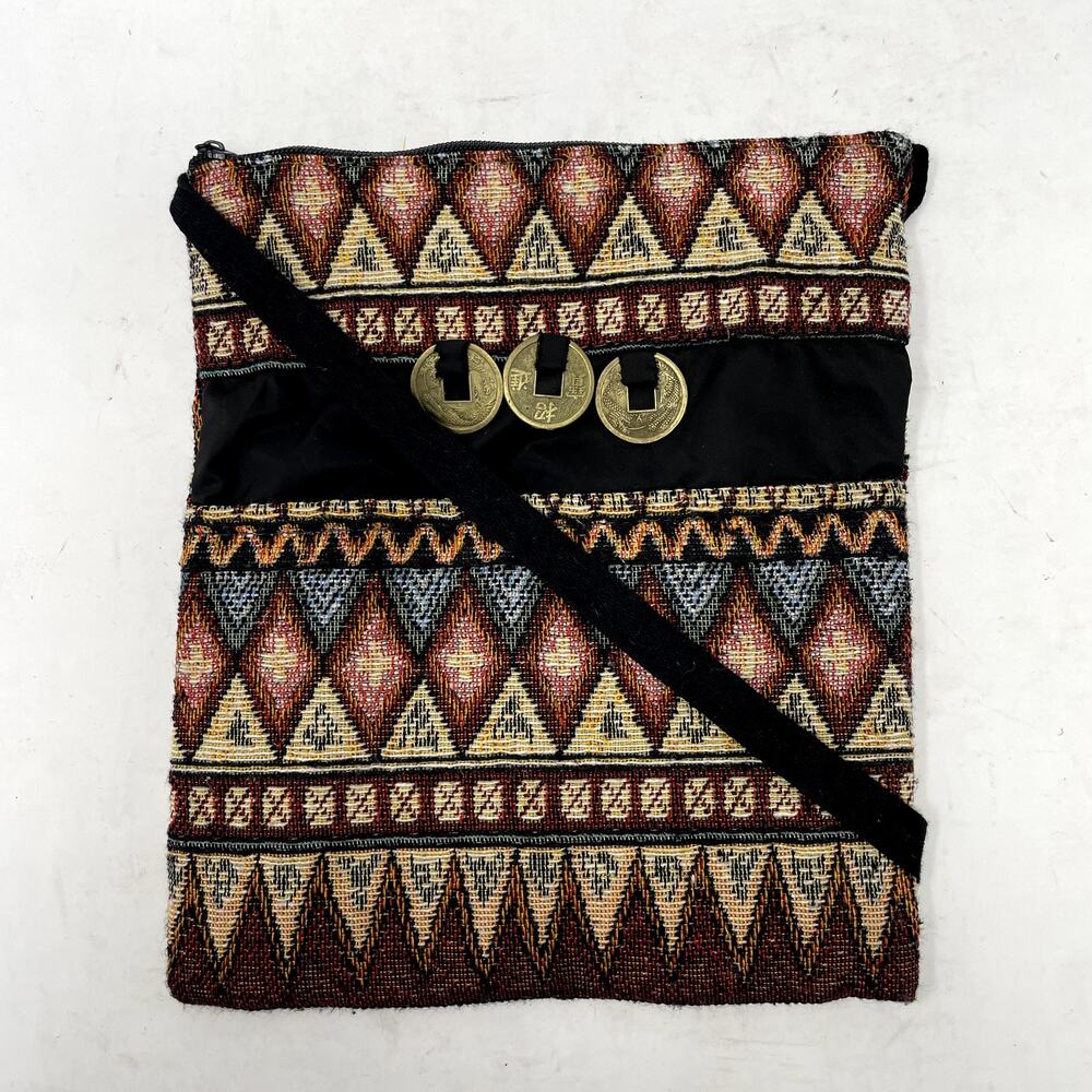 Small Rectangular Lined Tapestry Bag Purse Chinese Coins Tokens